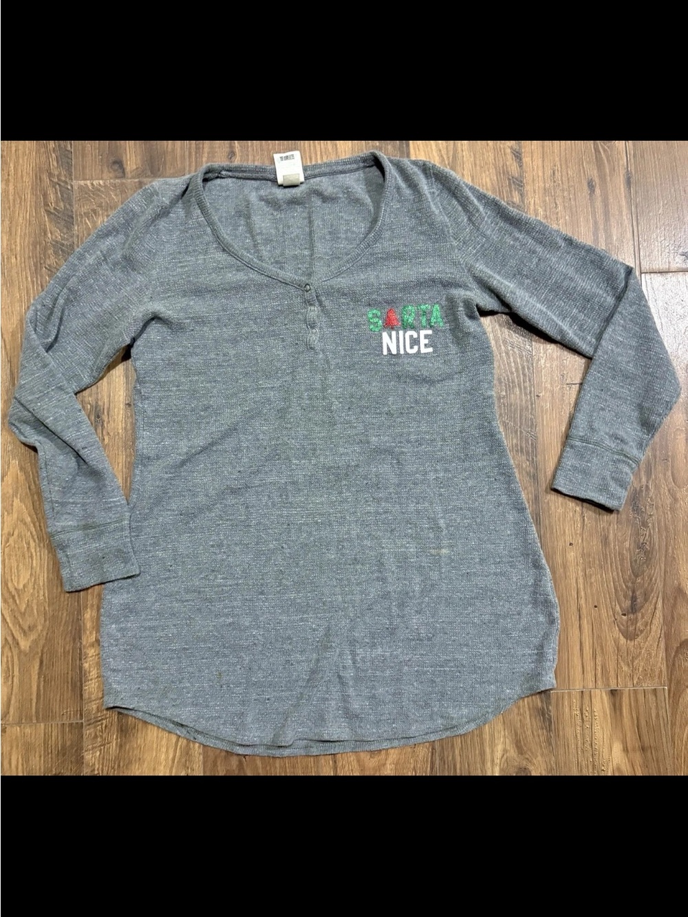 PINK Victoria's Secret Gray Long Sleeve Henley with Holiday Text
